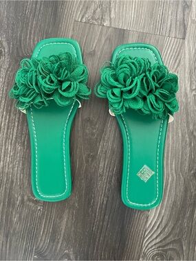 Green Floral Slide Sandals for Women